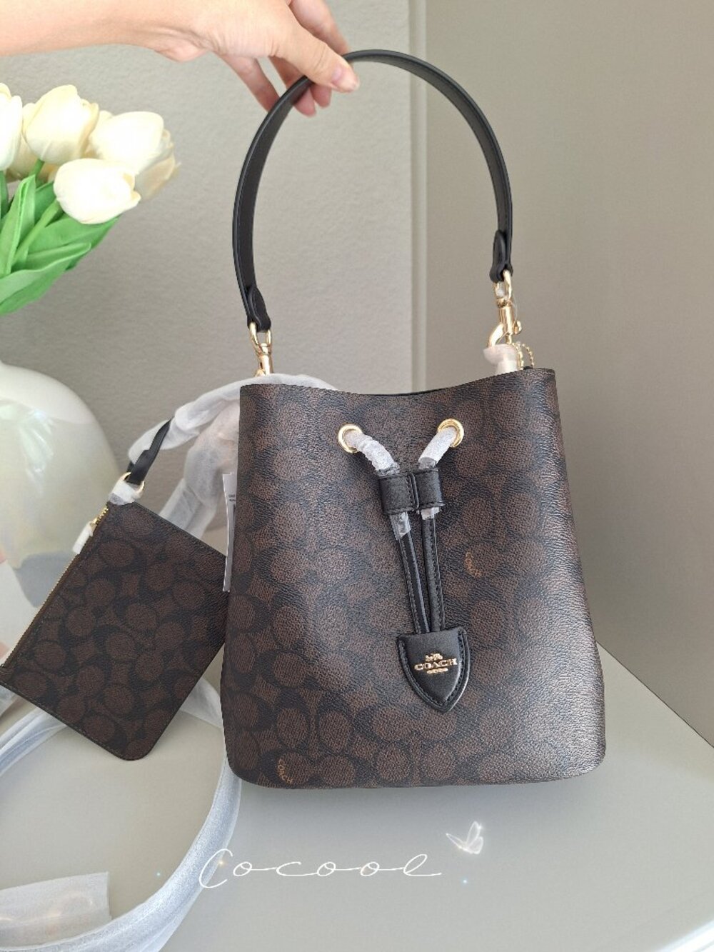NWT Coach Rowan Bucket Bag In Signature Canvas & Pouch CBH07 Gold/Walnut/Black